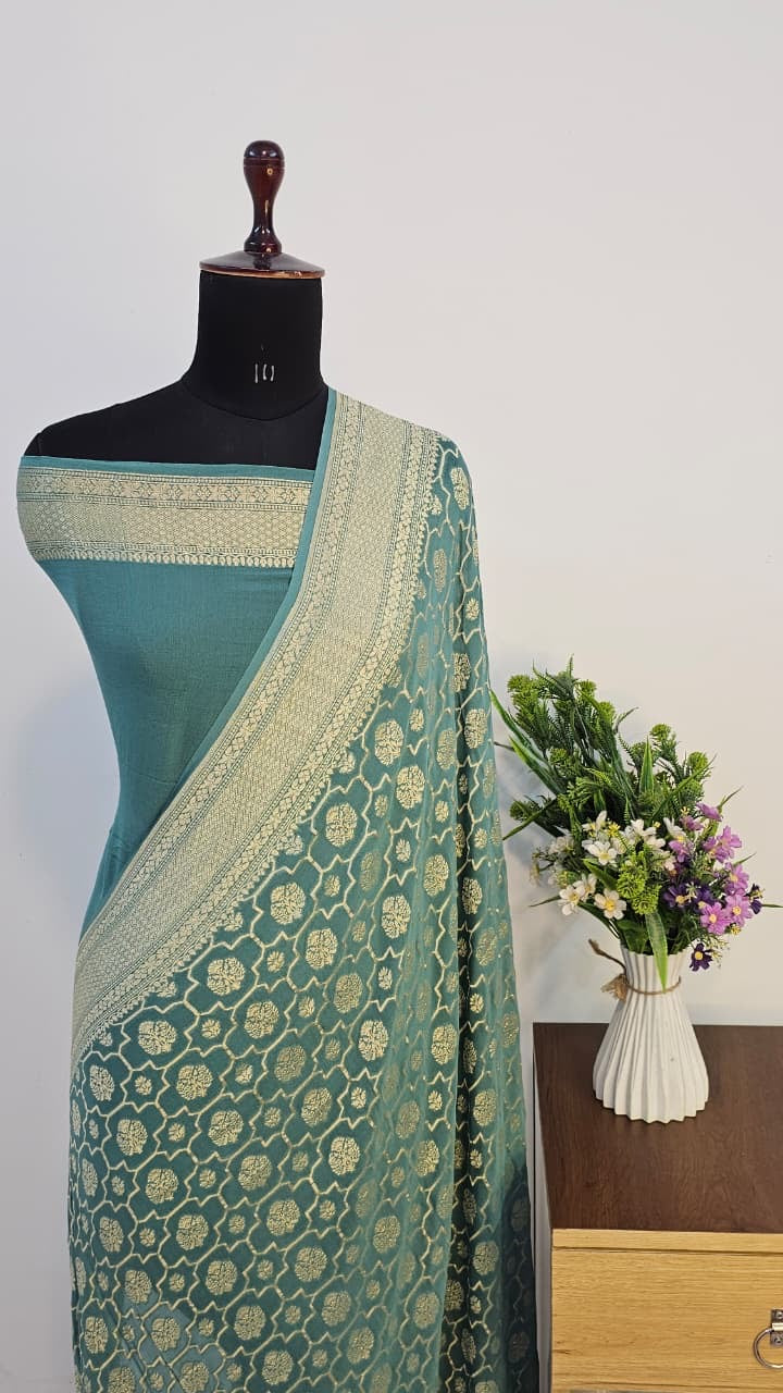 Mint Green Pure Banarasi Khaddi Chiffon Handloom Silk Saree