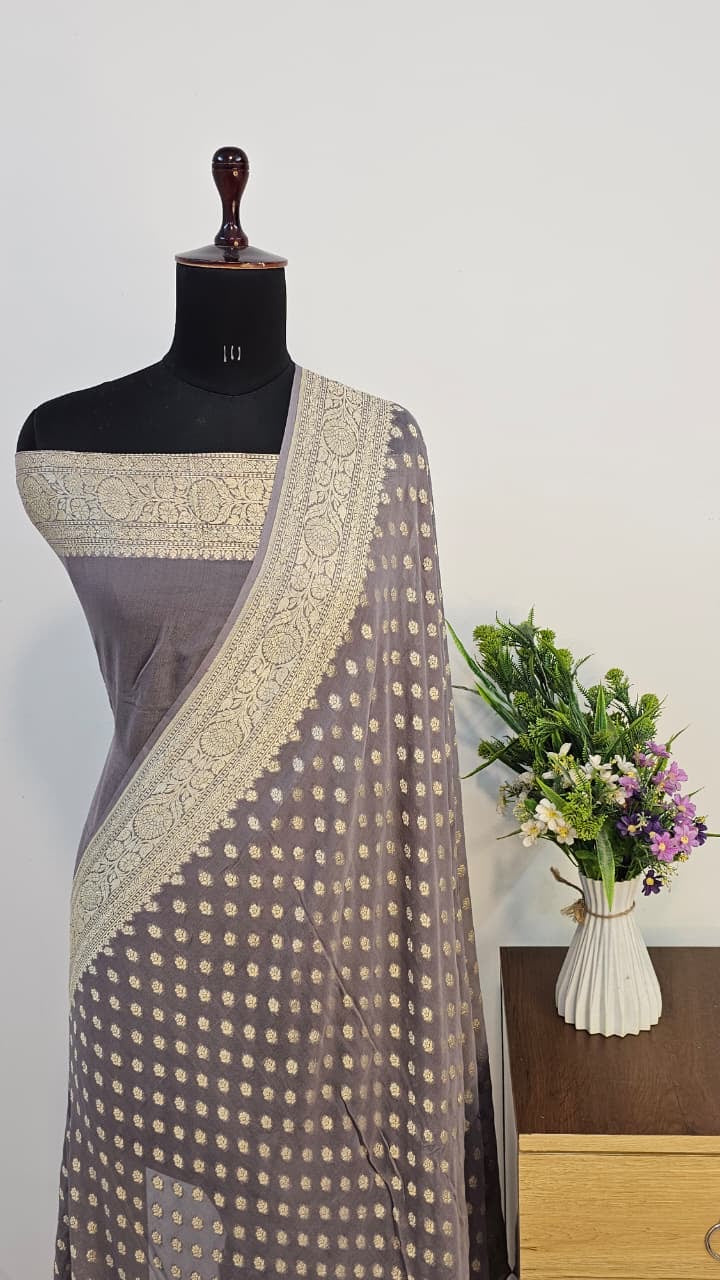 Grey Pure Banarasi Khaddi Chiffon Handloom Silk Saree