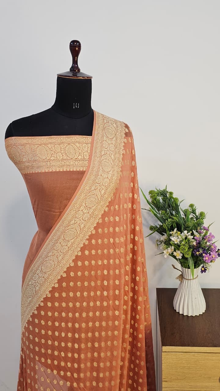 Blush Orange Pure Banarasi Khaddi Chiffon Handloom Silk Saree