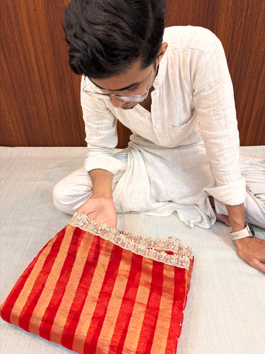 PREMIUM BANARASI TISSUE ORGANZA STRIPE ROYAL RED BANARASI SAREE WITH GOTA PATTI LACE