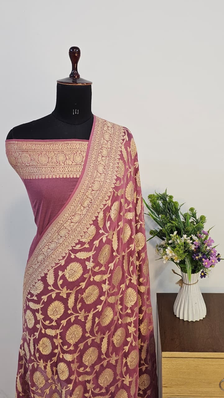 Blush Pink Pure Banarasi Khaddi Chiffon Handloom Silk Saree
