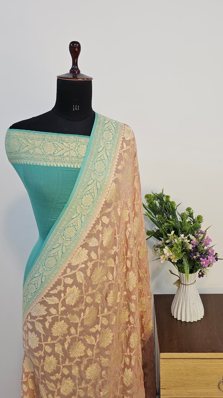 Peach Jaal Pure Banarasi Khaddi Chiffon Handloom Silk Saree