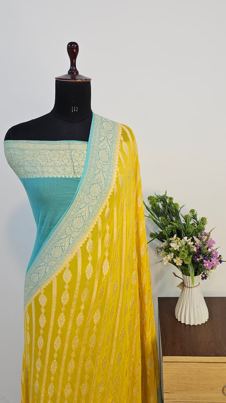 Yellow Pure Banarasi Khaddi Chiffon Handloom Silk Saree