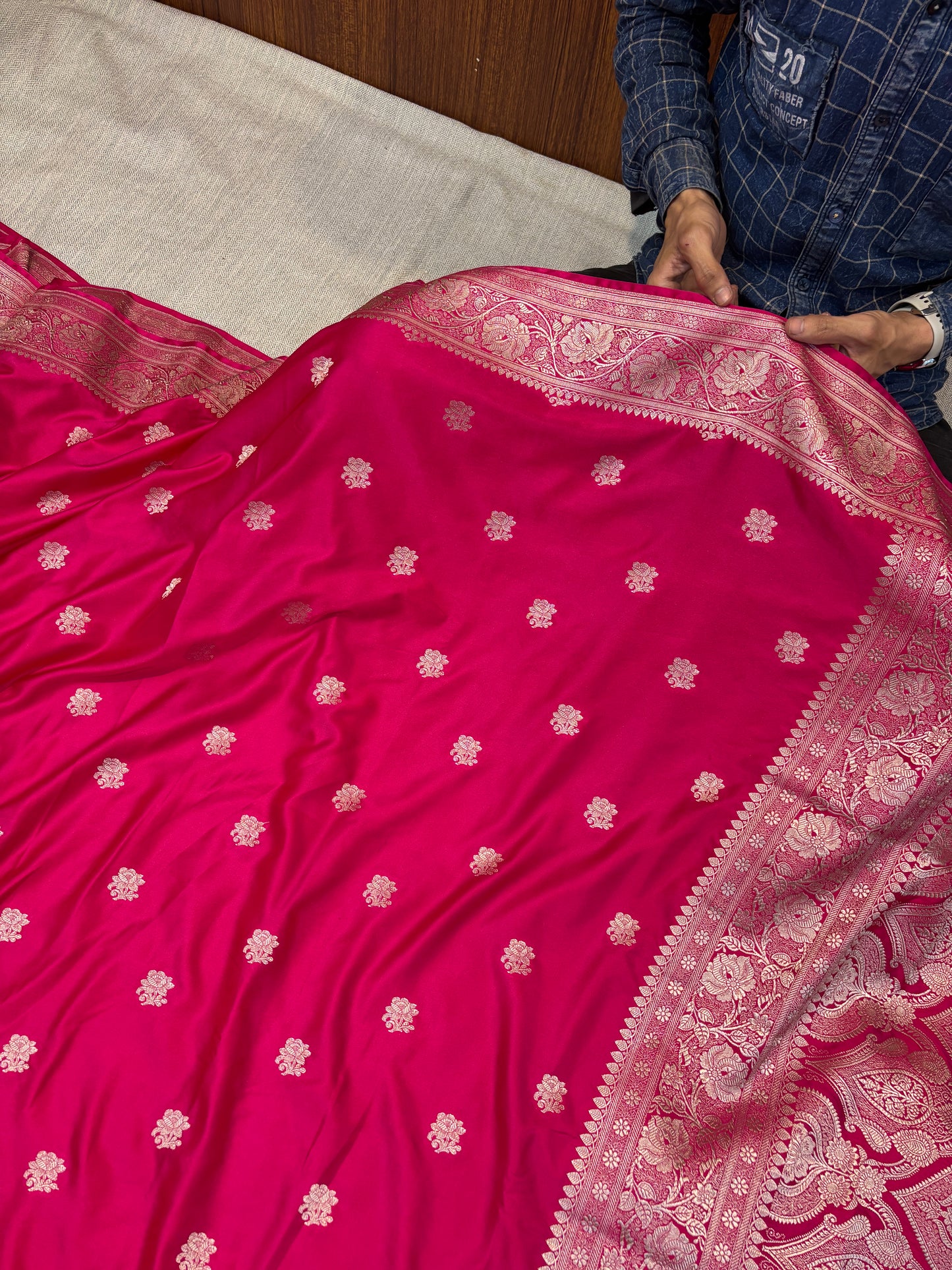 Premium Banarasi Dark Blue Floral Boota Mashru Kataan Silk Saree