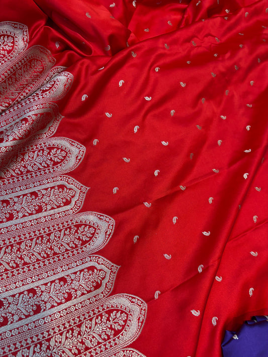 Premium Mashru Kataan Silk Heritage Woven Bridal Red Banarasi Saree