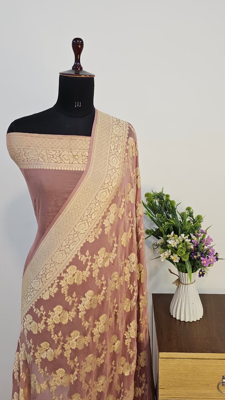 Blush Pink Pure Banarasi Khaddi Chiffon Handloom Silk Saree (Copy)
