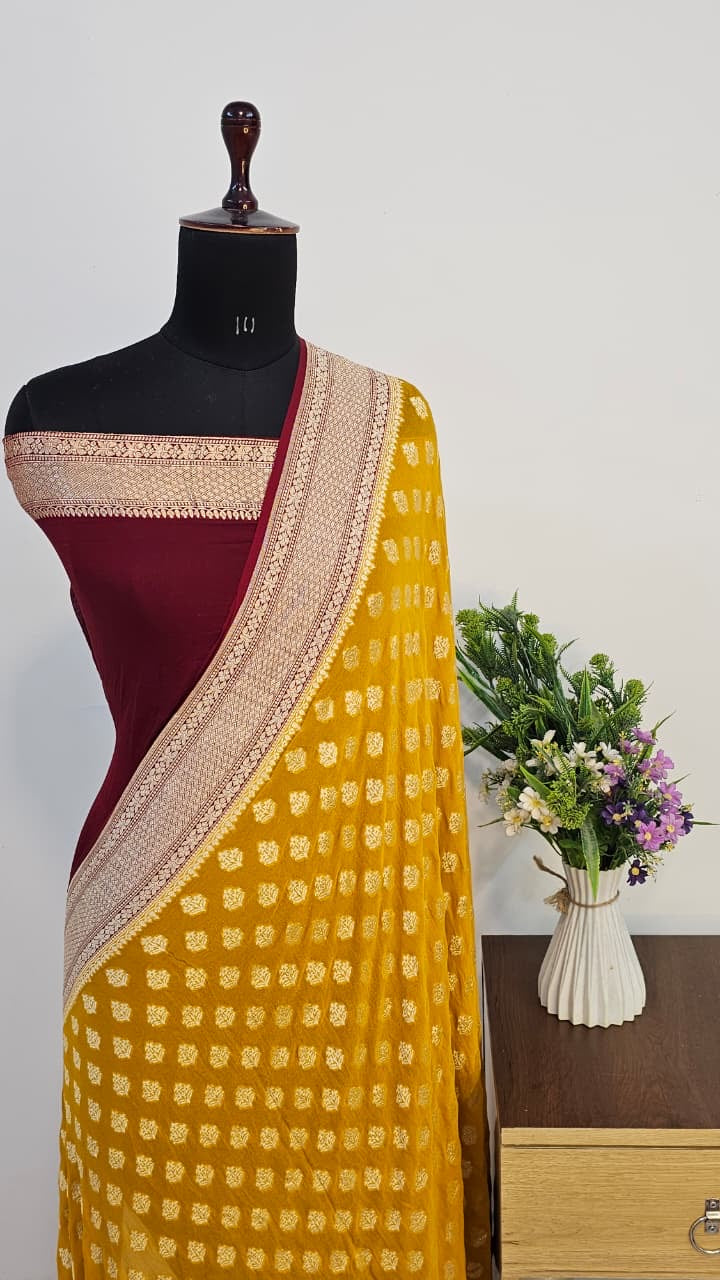 Rich Gold Pure Banarasi Khaddi Chiffon Handloom Silk Saree