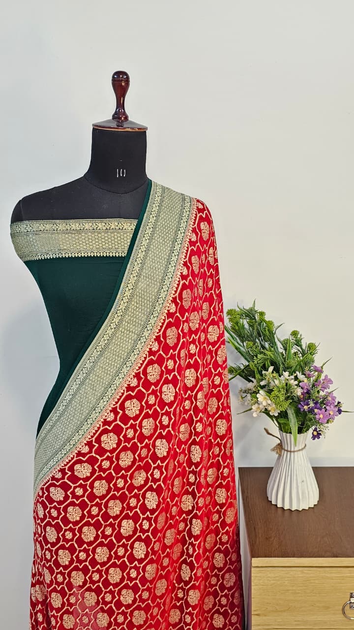 Red Premium Pure Banarasi Khaddi Chiffon Saree