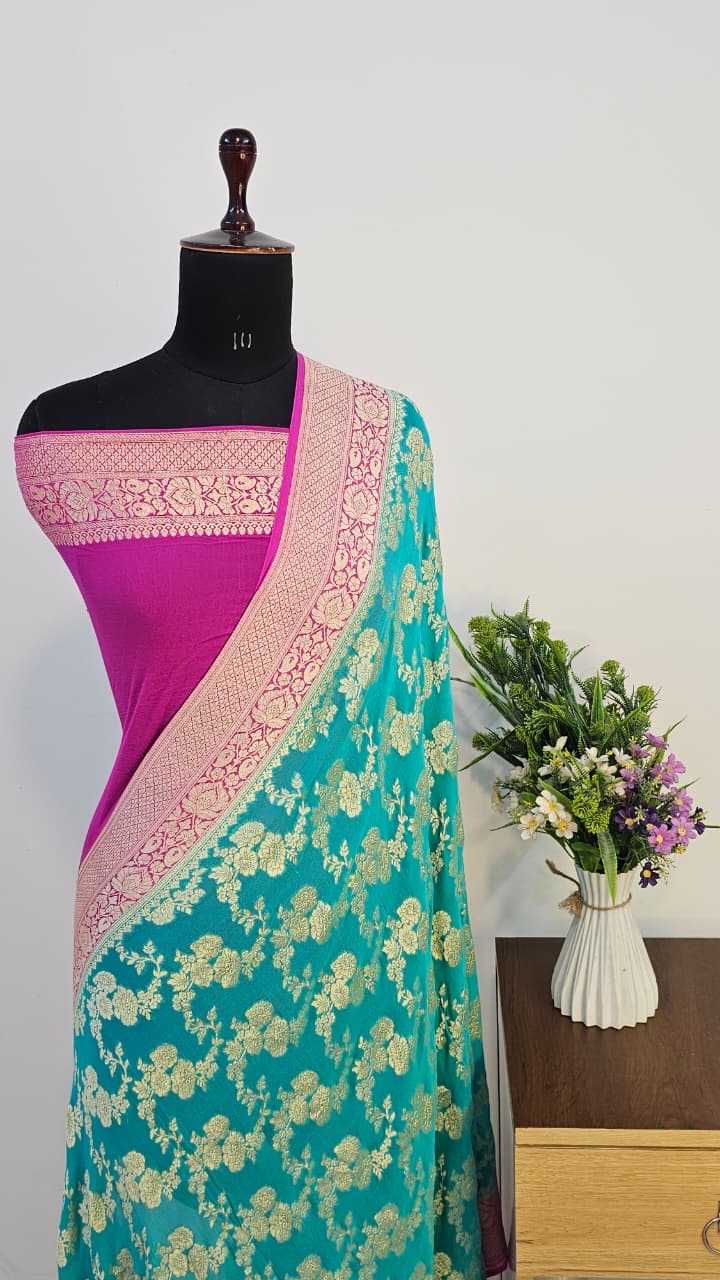 Sky Blue Pure Banarasi Khaddi Chiffon Handloom Silk Saree