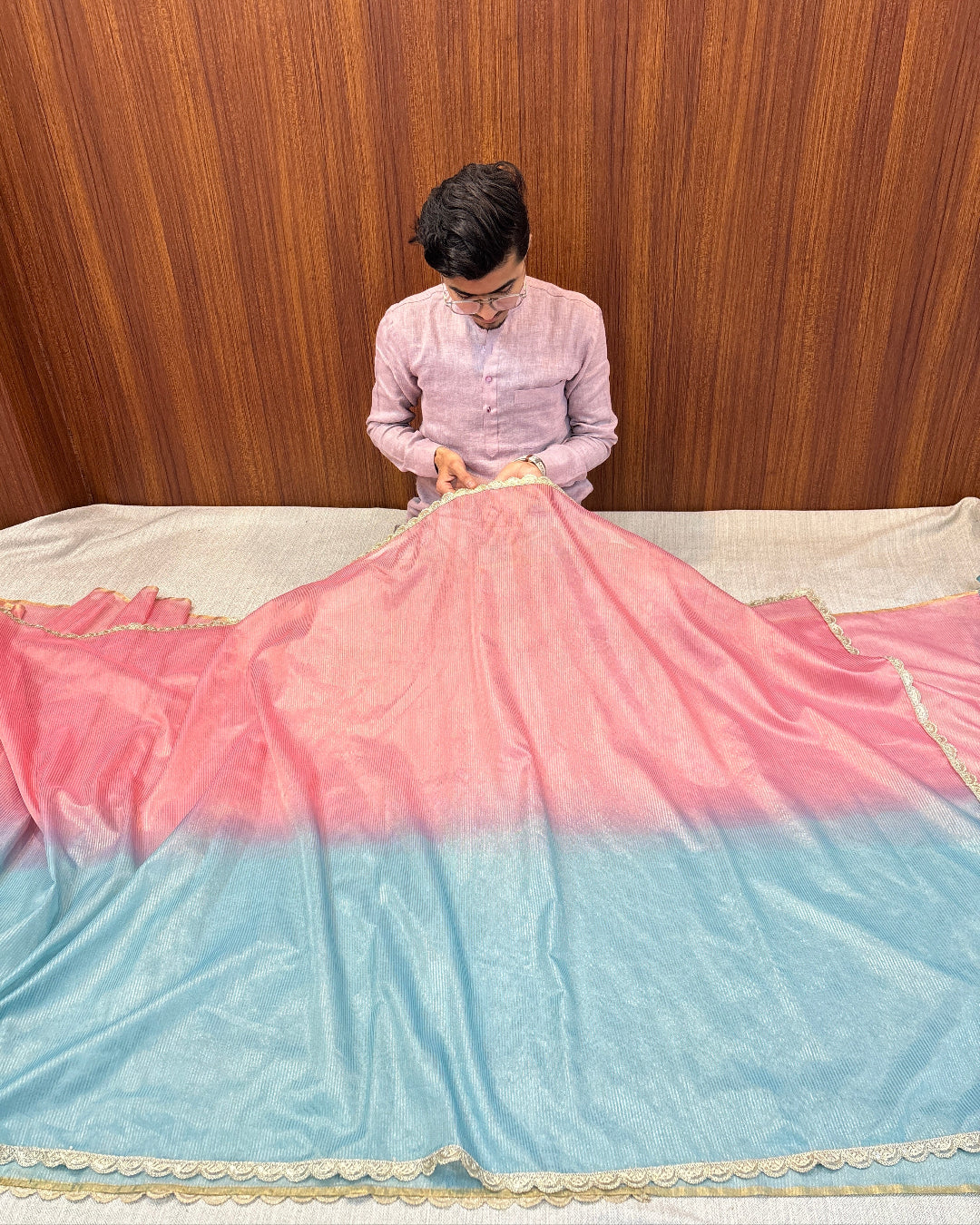 PURE MUL X COTTON SAREE – DUAL TONE ELEGANCE PINK & SKY BLUE BANARASI SILK SAREE
