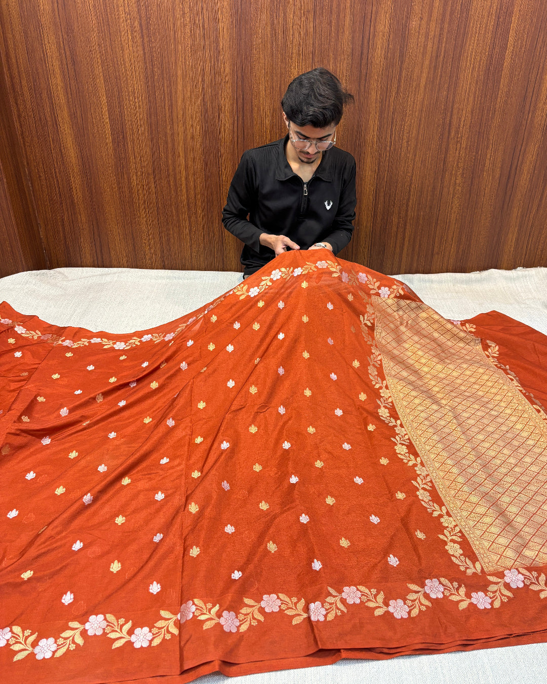 RUST ORANGE RAW MANGO BANARASI JAAL BPRDER SAREE