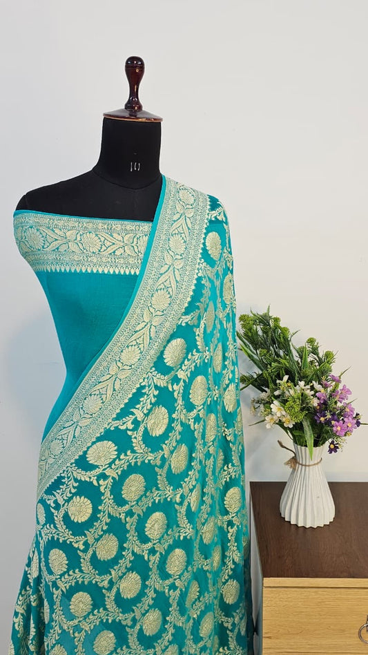 Mint Green Pure Banarasi Khaddi Chiffon Handloom Silk Saree