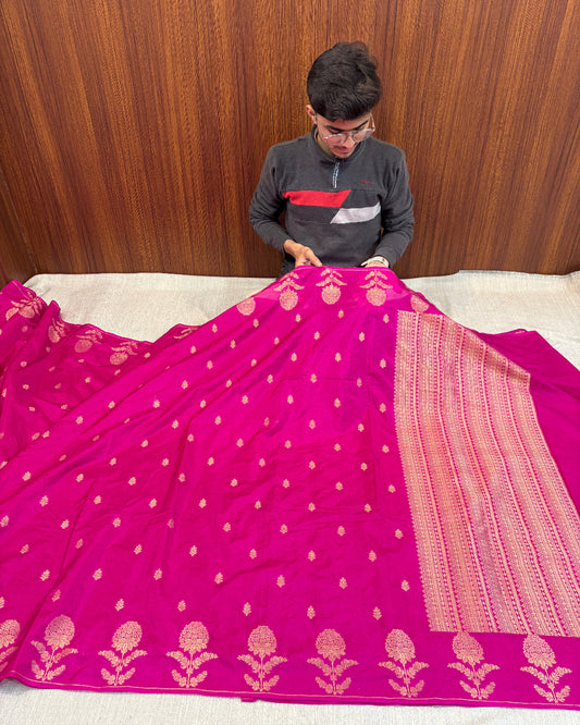 BLUSH PINK FLORAL BORDER WARM SILK SOFT BANARASI SAREE
