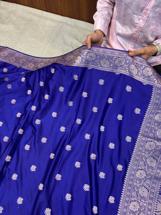 Premium Banarasi Dark Blue Floral Boota Mashru Kataan Silk Saree