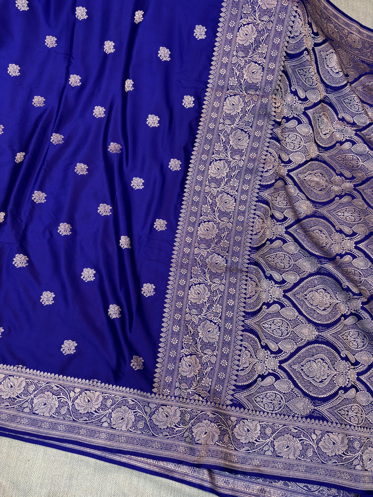 Premium Banarasi Dark Blue Floral Boota Mashru Kataan Silk Saree