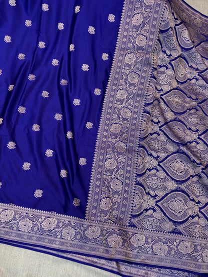Premium Banarasi Dark Blue Floral Boota Mashru Kataan Silk Saree