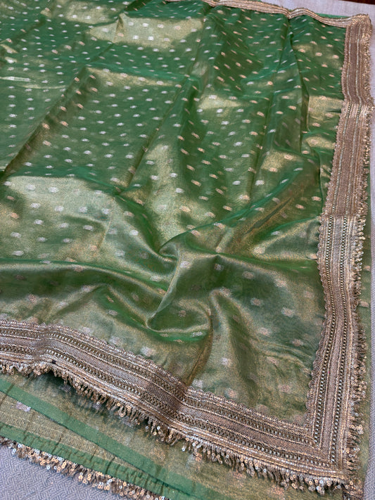 BANARASI PISTAL GREEN TISSUE BOOTY SOFT SILK SAREE