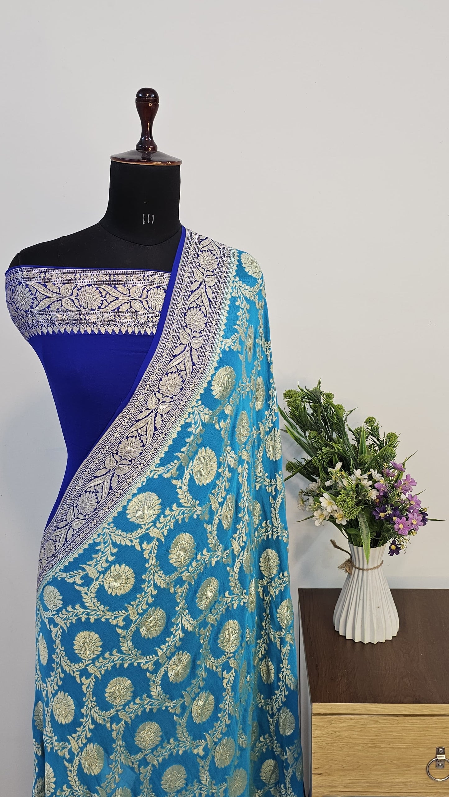 Sky Blue Allover Jaal Pure Banarasi Khaddi Chiffon Handloom Saree