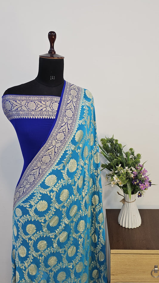 Sky Blue Allover Jaal Pure Banarasi Khaddi Chiffon Handloom Saree