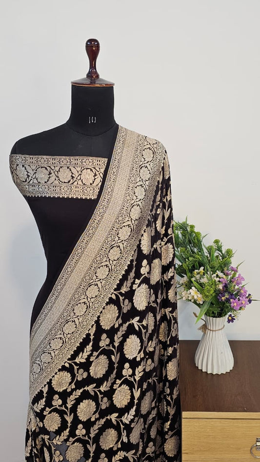 Black Pure Banarasi Khaddi Chiffon Handloom Silk Saree