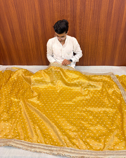 BANARASI HALDI YELLOW TISSUE BOOTY SAREE WITH LACE
