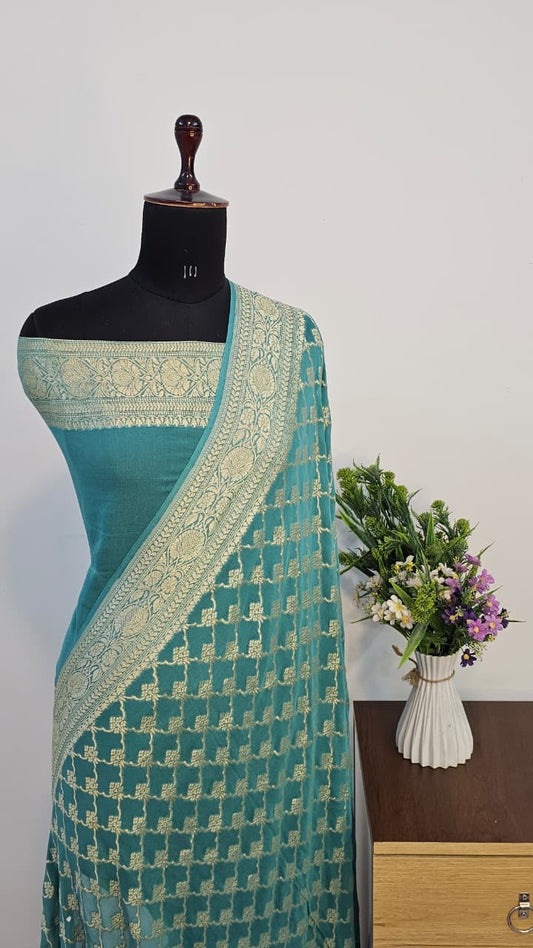 Mint Green Pure Banarasi Khaddi Chiffon Handloom Silk Saree