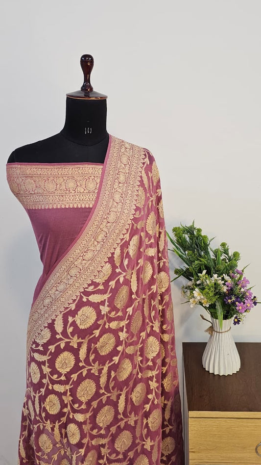 Blush Pink Pure Banarasi Khaddi Chiffon Handloom Silk Saree