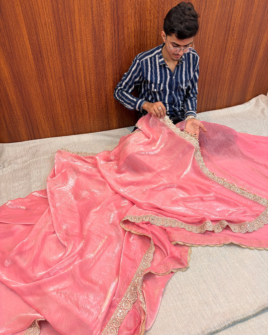 PREMIUM BANARASI ULTRA SHINY SOFT LUXURY TISSUE PLAIN SAREE WITH LACE