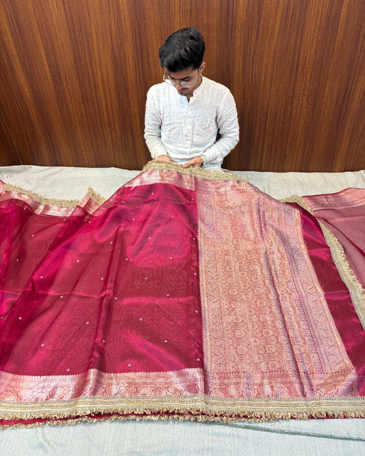 BANARASI MAGENTA TISSUE SAREE WITH HANDWOVEN PEARL MOTIFS ZARI WORK WITH LACE
