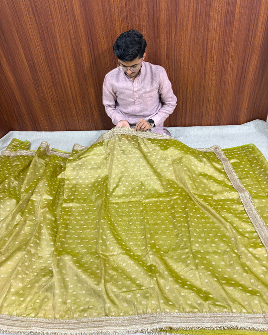 BANARASI OLIVE GREEN TISSUE BOOTY SAREE WITH LACE