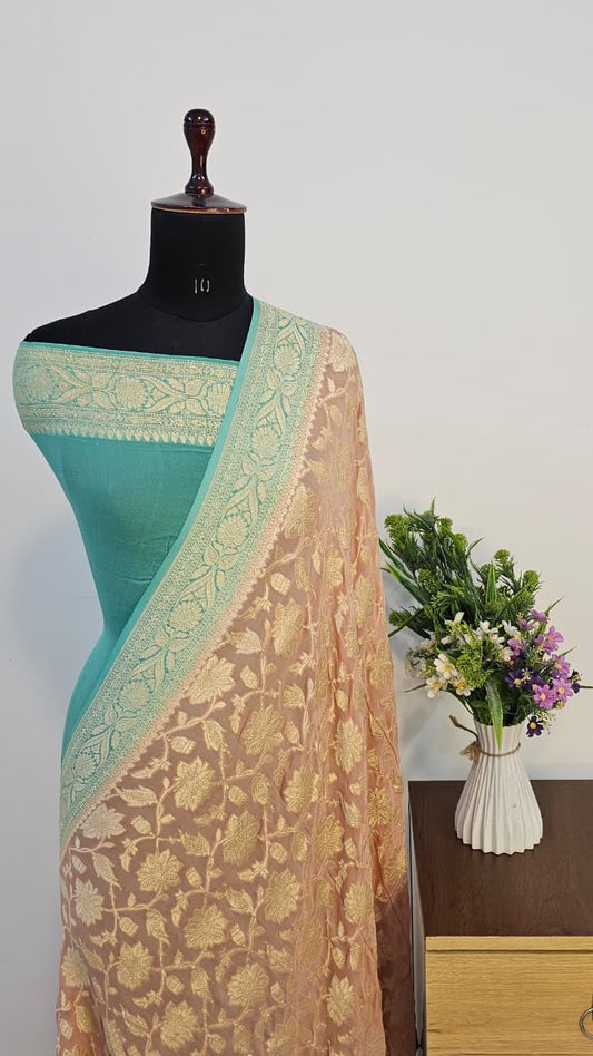 Peach Jaal Pure Banarasi Khaddi Chiffon Handloom Silk Saree