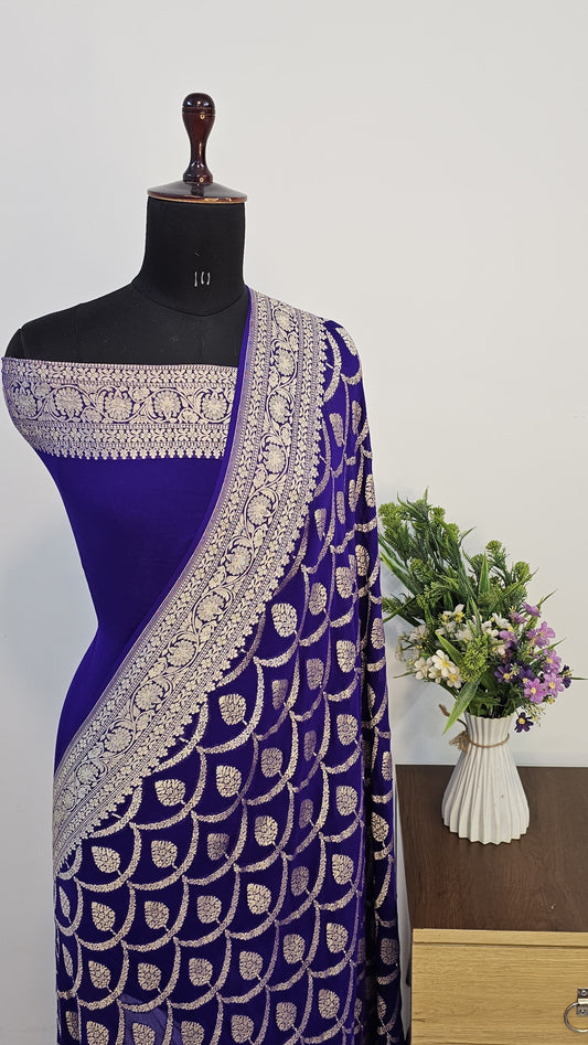 Blue Pure Banarasi Khaddi Chiffon Handloom Silk Saree