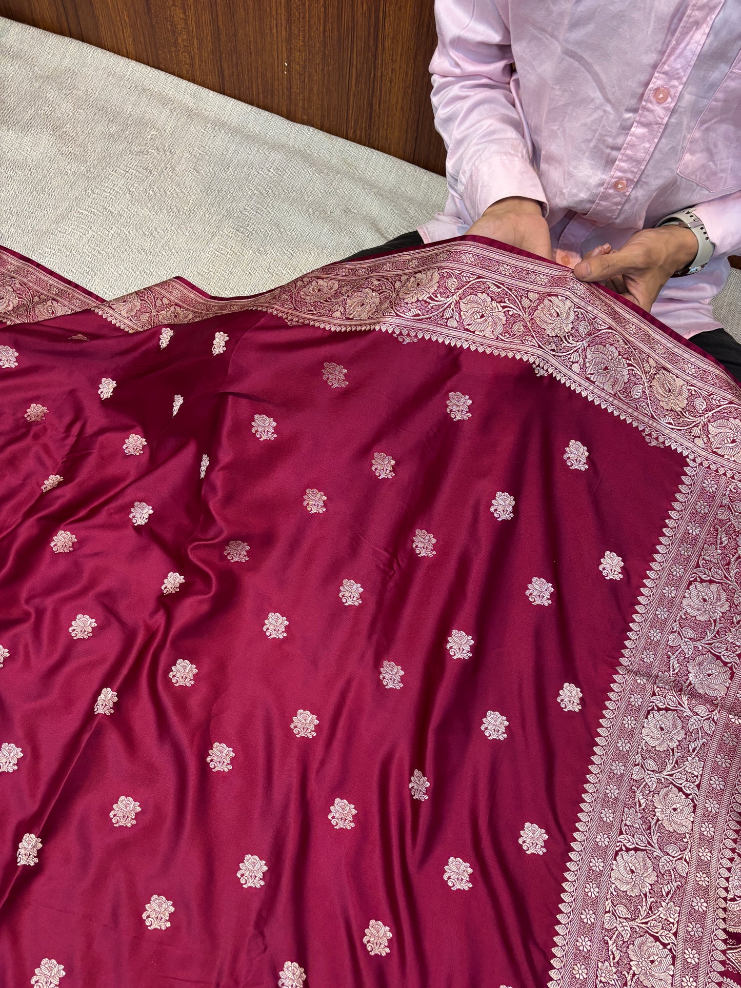 Premium Banarasi Dark Blue Floral Boota Mashru Kataan Silk Saree