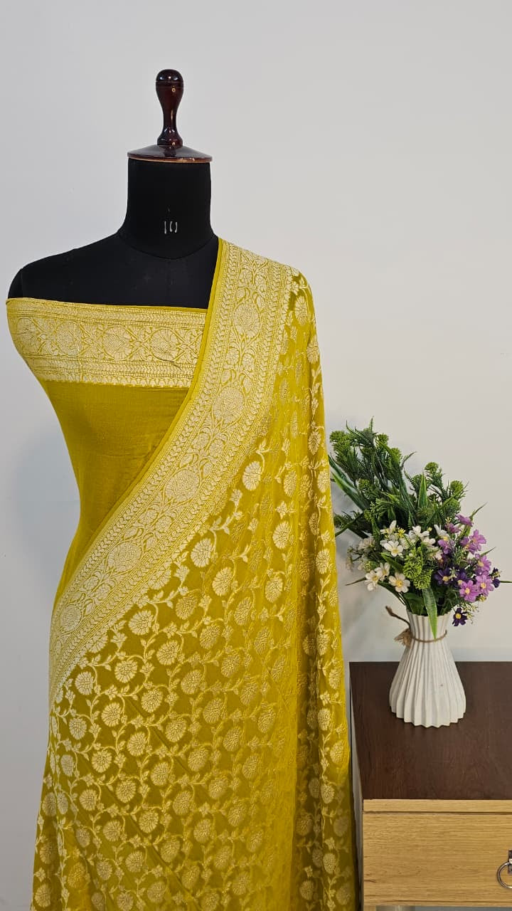 Mustard Pure Banarasi Khaddi Chiffon Handloom Silk Saree