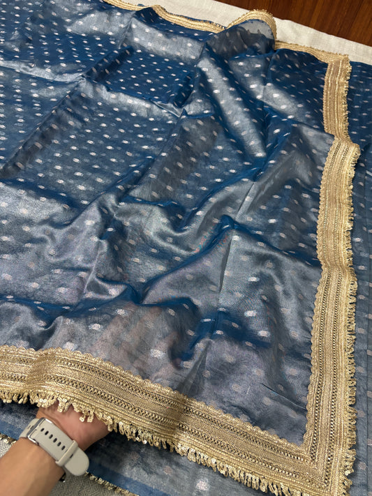 BANARASI FIROZI BLUE TISSUE BOOTY SAREE WITH LACE