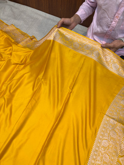 Banarasi Soft Plain Mashru Kataan Silk Saree in Haldi Yellow