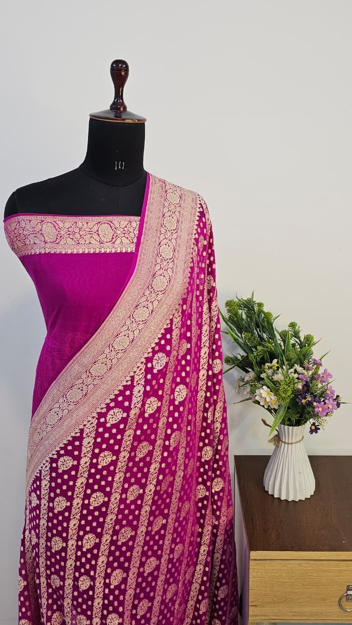 Ruby Pink Pure Banarasi Khaddi Chiffon Handloom Silk Saree