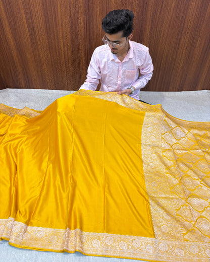 Banarasi Soft Plain Mashru Kataan Silk Saree in Haldi Yellow