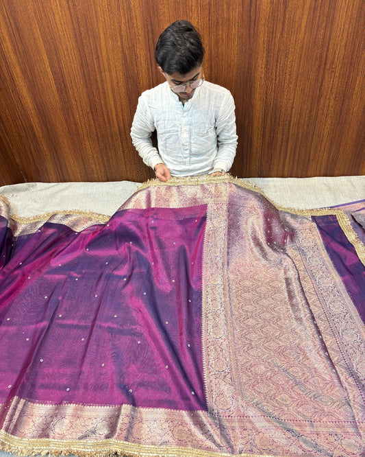 BANARASI VIOLET TISSUE SAREE WITH HANDWOVEN PEARL MOTIFS ZARI WORK WITH LACE