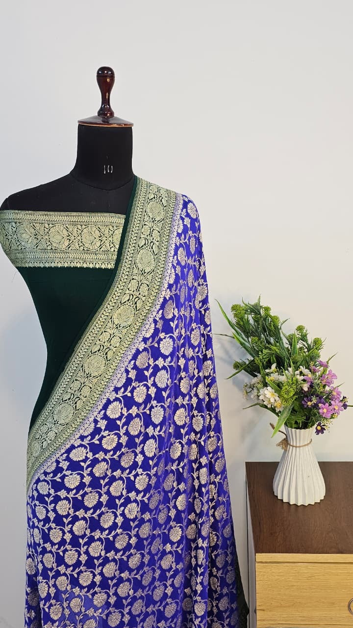 Blue Pure Banarasi Khaddi Chiffon Handloom Silk Saree