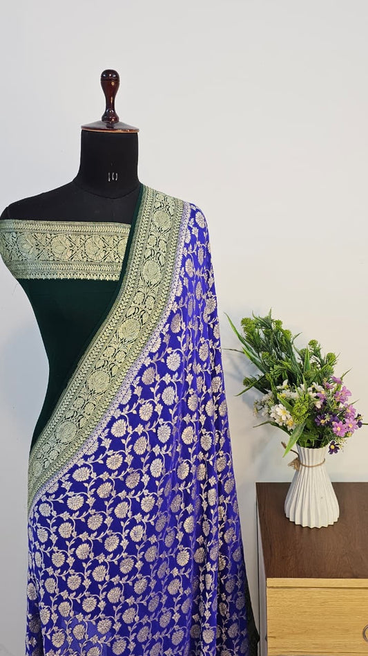 Blue Pure Banarasi Khaddi Chiffon Handloom Silk Saree
