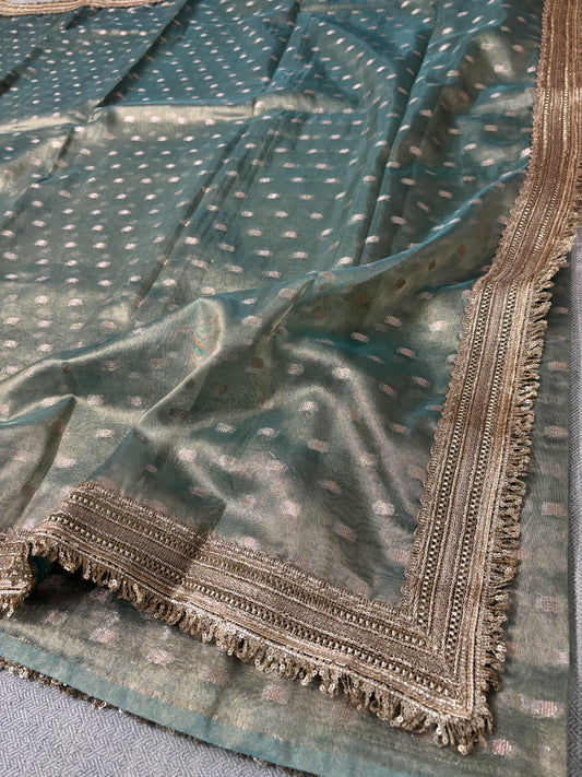 BANARASI EMERALD GREEN TISSUE BOOTY SAREE WITH  LACE BORDER