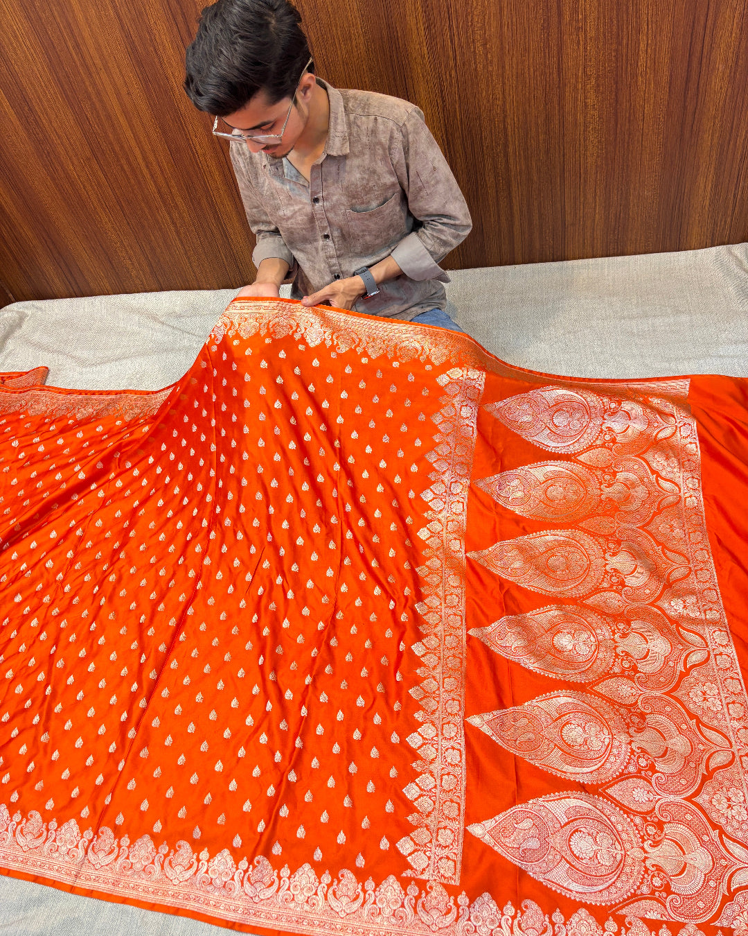 Premium Vibrant Orange Banarasi Mashru Silk Saree