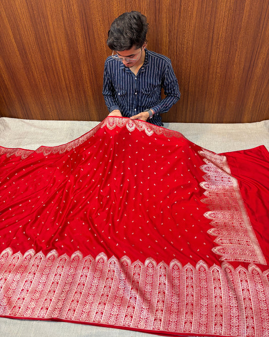 Premium Mashru Kataan Silk Heritage Woven Bridal Red Banarasi Saree