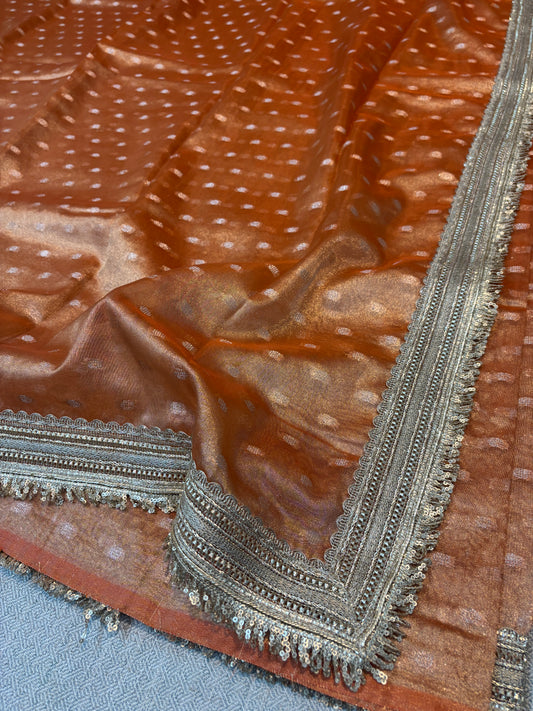 BANARASI RUST ORANGE TISSUE BOOTY SOFT SILK SAREE