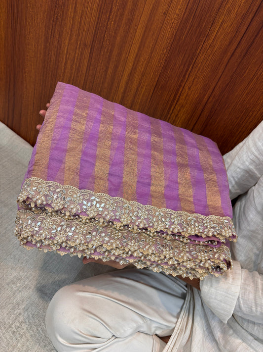PREMIUM BANARASI TISSUE ORGANZA STRIPE PINK BANARASI SAREE WITH GOTA PATTI LACE