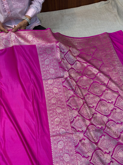 Premium Banarasi Magenta Mashru Kataan Plain Silk Saree
