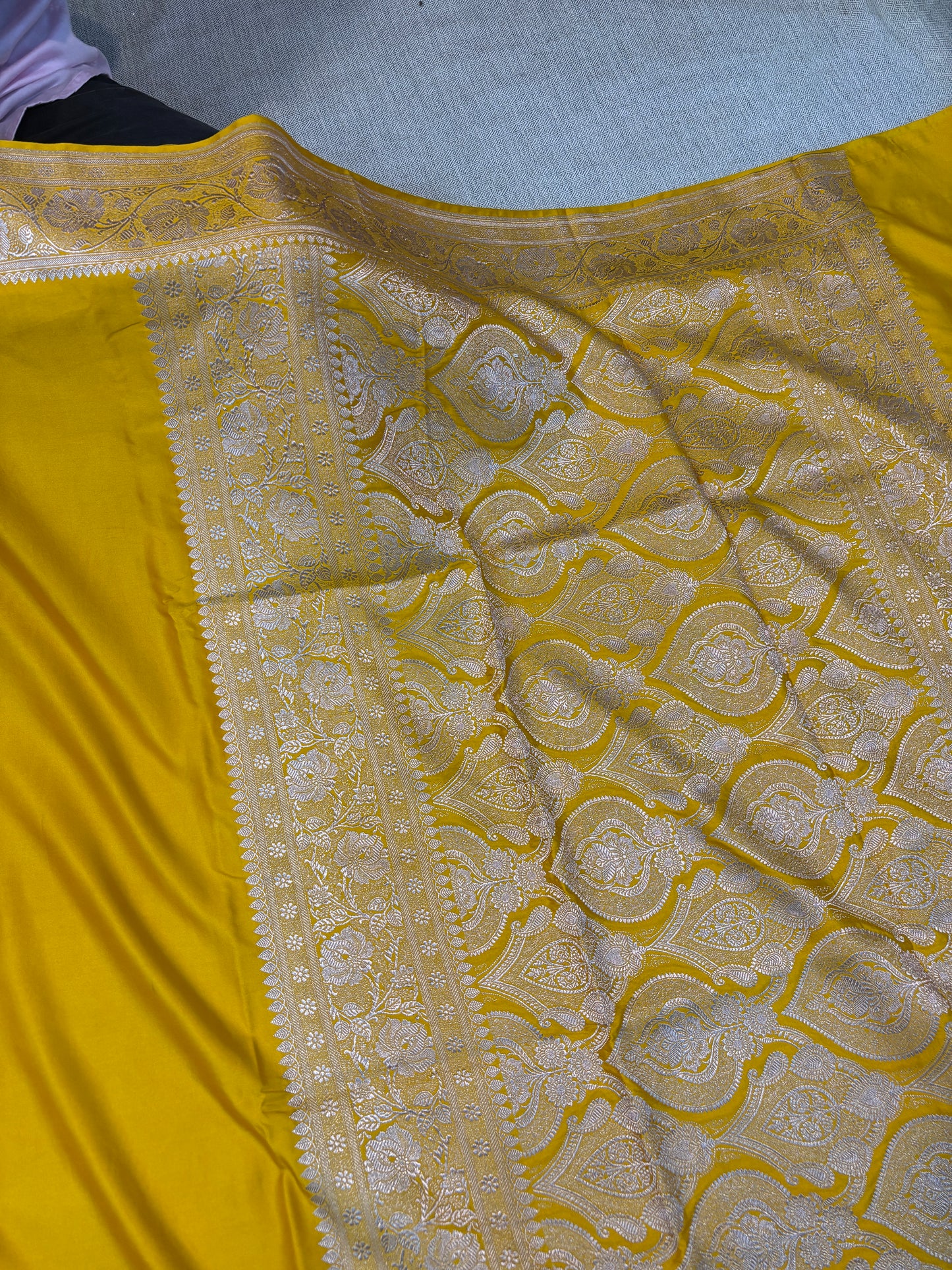 Banarasi Soft Plain Mashru Kataan Silk Saree in Haldi Yellow