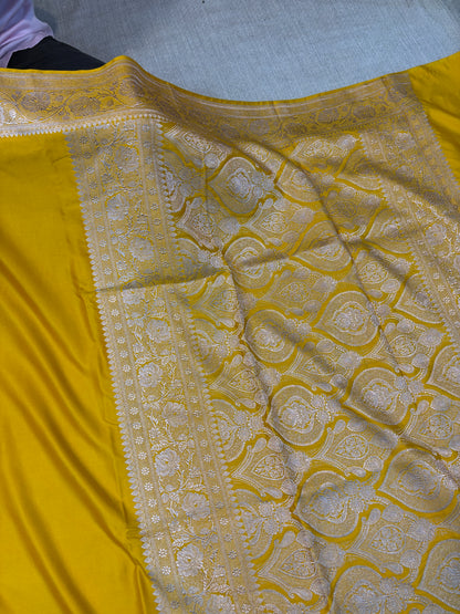 Banarasi Soft Plain Mashru Kataan Silk Saree in Haldi Yellow