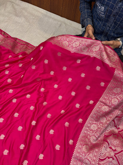 Premium Banarasi Dark Blue Floral Boota Mashru Kataan Silk Saree